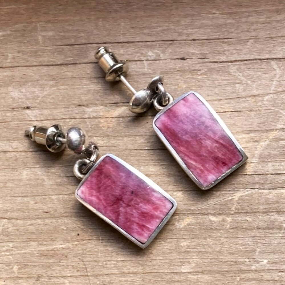 Sterling Silver Pink purple rhodochrosite Rectangular Drop Earrings